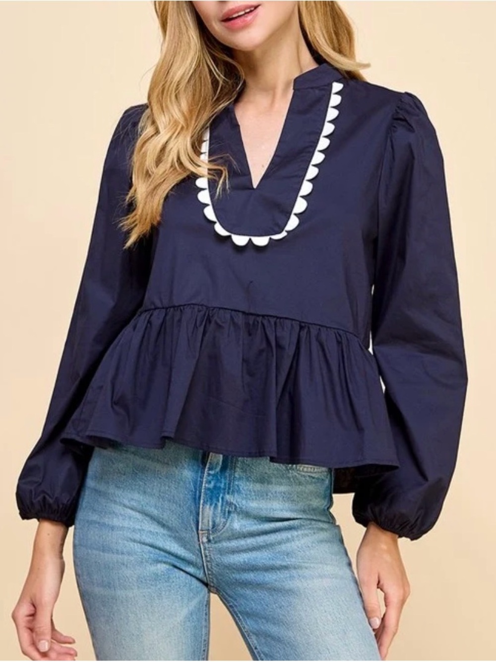 TCEC Navy Blouse with White Scallop Neckline